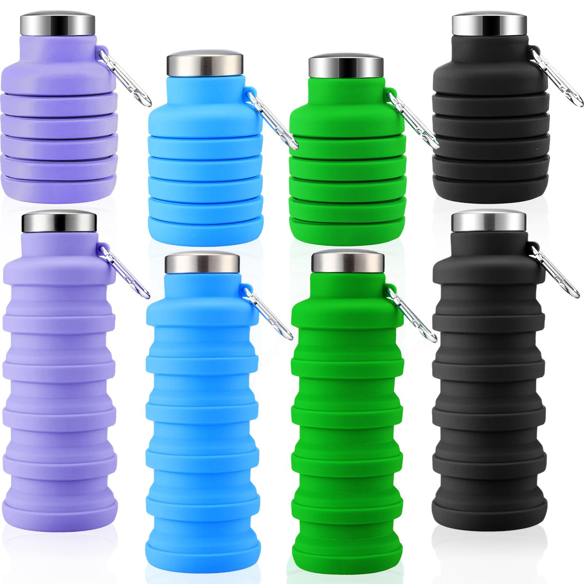 Lallisa 4 Pcs Collapsible Water Bottles 17 oz Reusable Silicone Foldable Travel Water Bottle Portable Leak Proof Sports Water Bottles for Gym Camping Hiking (Blue, Purple, Gray, Green)