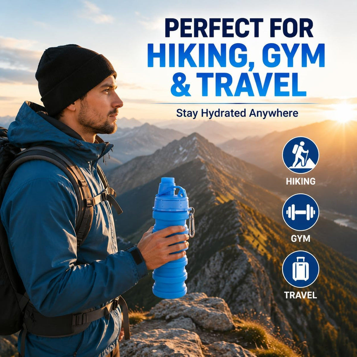 Collapsible Water Bottles, 3 Pack Silicone Foldable Sports travel Bottle