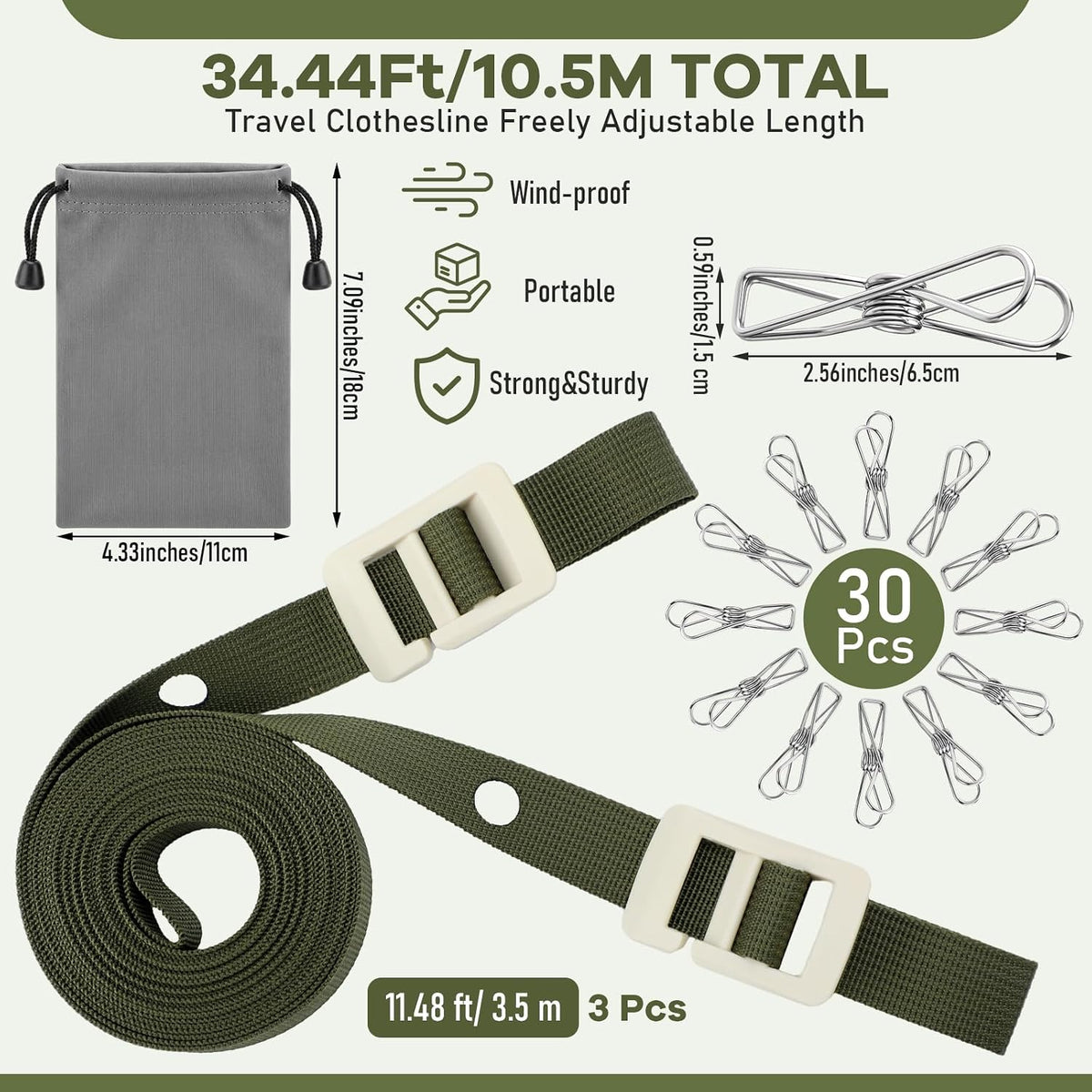 3 Pack Portable Clothesline with Hang Hole, 30 Clips Camping Clothing Line