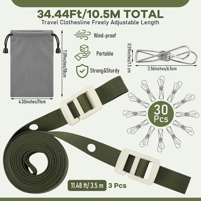 3 Pack Portable Clothesline with Hang Hole, 30 Clips Camping Clothing Line
