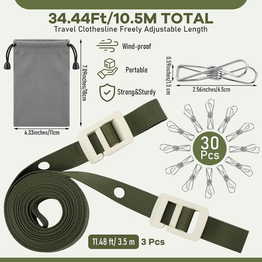 3 Pack Portable Clothesline with Hang Hole, 30 Clips Camping Clothing Line