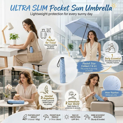 Pencil Umbrella from Japan, 103g Mini Japan Pencil Umbrellas with UPF 50+ Sun, Ultra-Lightweight Compact All-Weather Umbrella for Rain, Backpack, Handbag, Commute, Beach, Hiking, Outdoor Use
