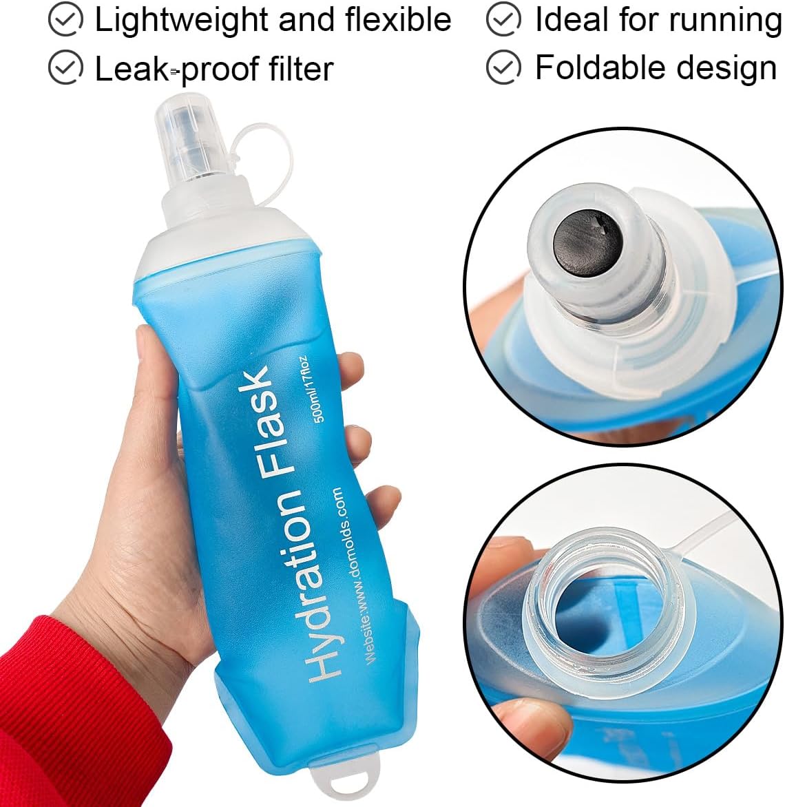 WILDREEDS 500ml Soft Flask, TPU Collapsible Soft Water Bottle for Hydration Pack, Running Vest, Folding Water Bottle for Hiking Cycling Climbing-2Pcs, Blue