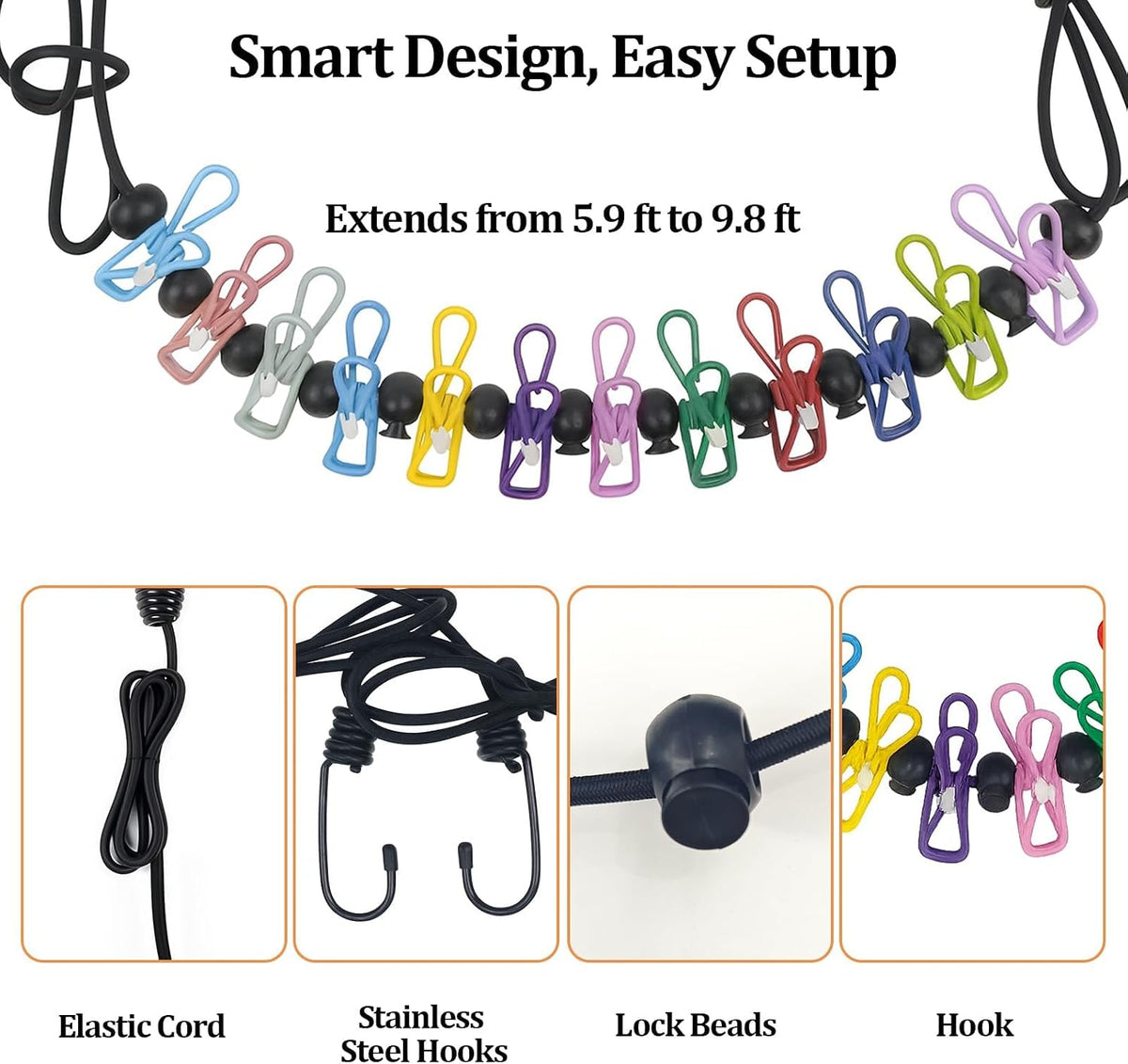 Travel Clothesline Retractable Portable Clothesline with 12 Clips Portable Elastic Camping Clothes Line with Anti-Slip Beads & Stainless Hooks for Hotel, RV, Boat, Outdoor Use (2 Pack)