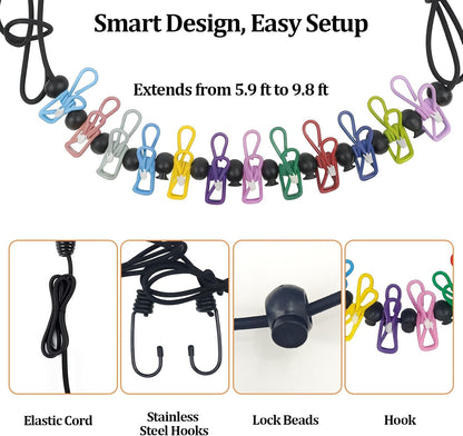 Travel Clothesline Retractable Portable Clothesline with 12 Clips Portable Elastic Camping Clothes Line with Anti-Slip Beads & Stainless Hooks for Hotel, RV, Boat, Outdoor Use (2 Pack)