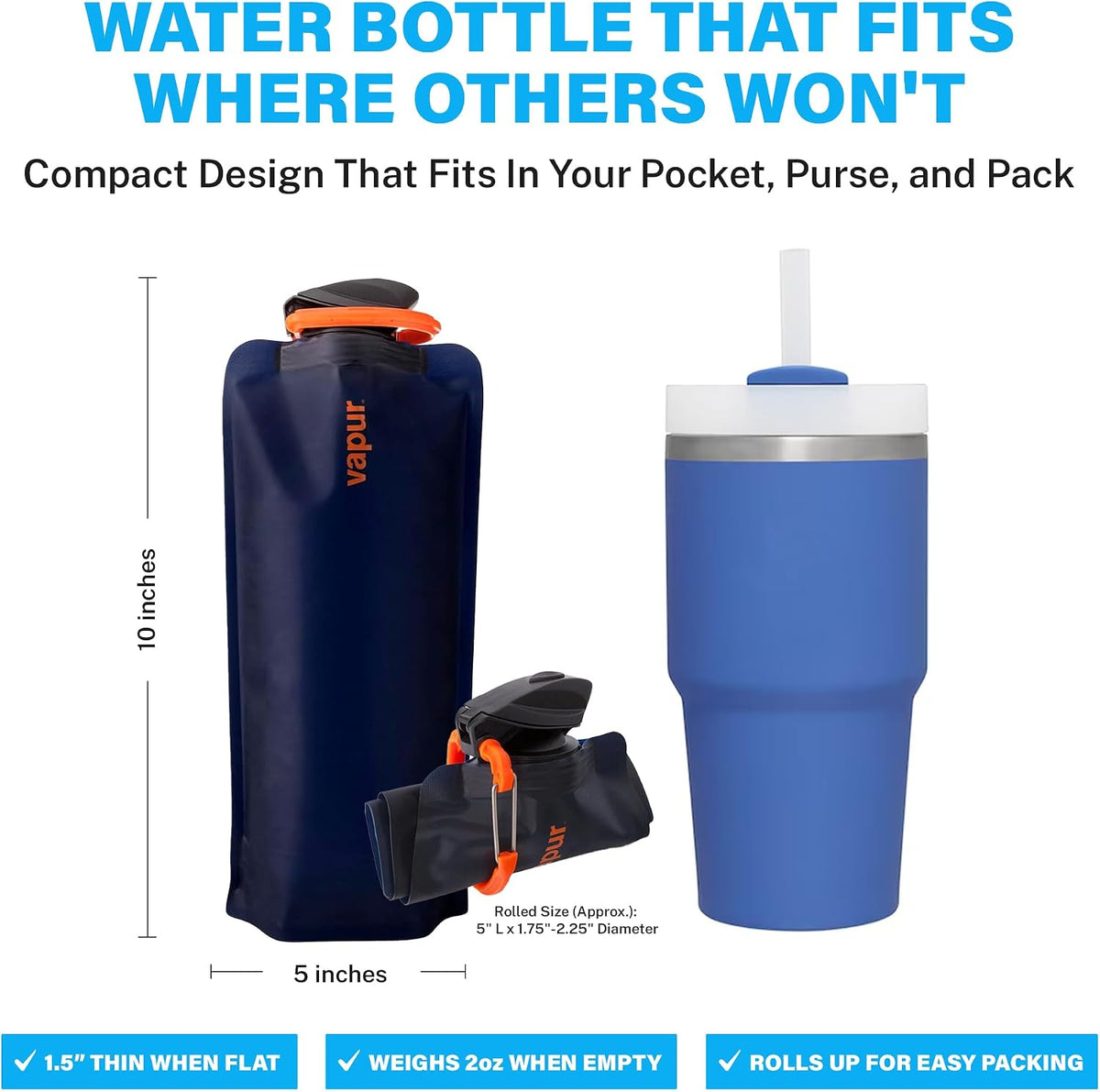 Vapur Collapsible Water Bottle with Carabiner - 23oz (0.7L) - Night Blue