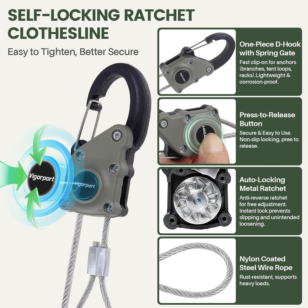 Vigorport Retractable Clothesline Outdoors, Press Button Pulley Wire Rope