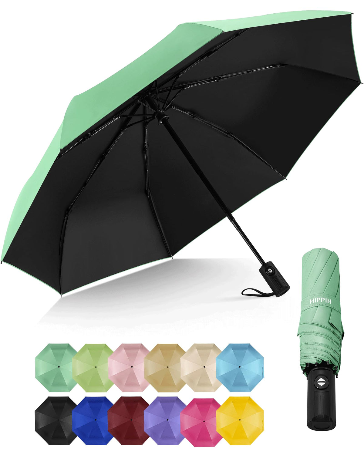 HIPPIH Compact Travel Umbrella for Rain - Windproof Automatic Umbrellas, UV Umbrella for Sun Protection with Black Anti-UV Coating, Portable Small Umbrellas for Backpack, Car, Walking, Kids, Women