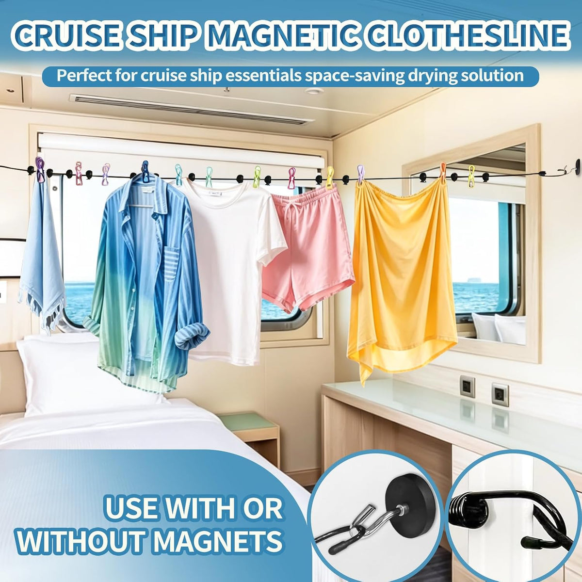 Magnetic Clothes Line for Cruise Ship, Upgraded Magnetic Travel Clothesline Essential, 2Pack Super Rubber Non-Scratch Magnets, Portable Clothesline for Cruise Ships Cabin, Hotel, RV and Camping