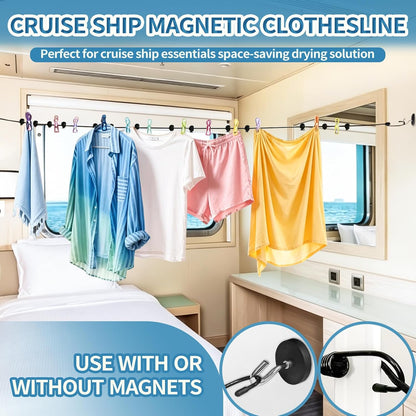 Magnetic Clothes Line for Cruise Ship, Upgraded Magnetic Travel Clothesline Essential, 2Pack Super Rubber Non-Scratch Magnets, Portable Clothesline for Cruise Ships Cabin, Hotel, RV and Camping