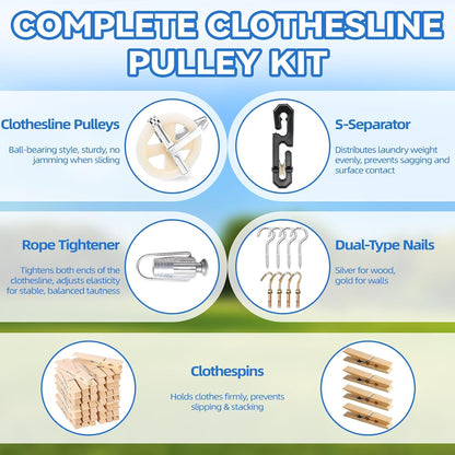 Clothes Line Pulley Kit, 164ft Polyester Clothes Line Rope Outdoors