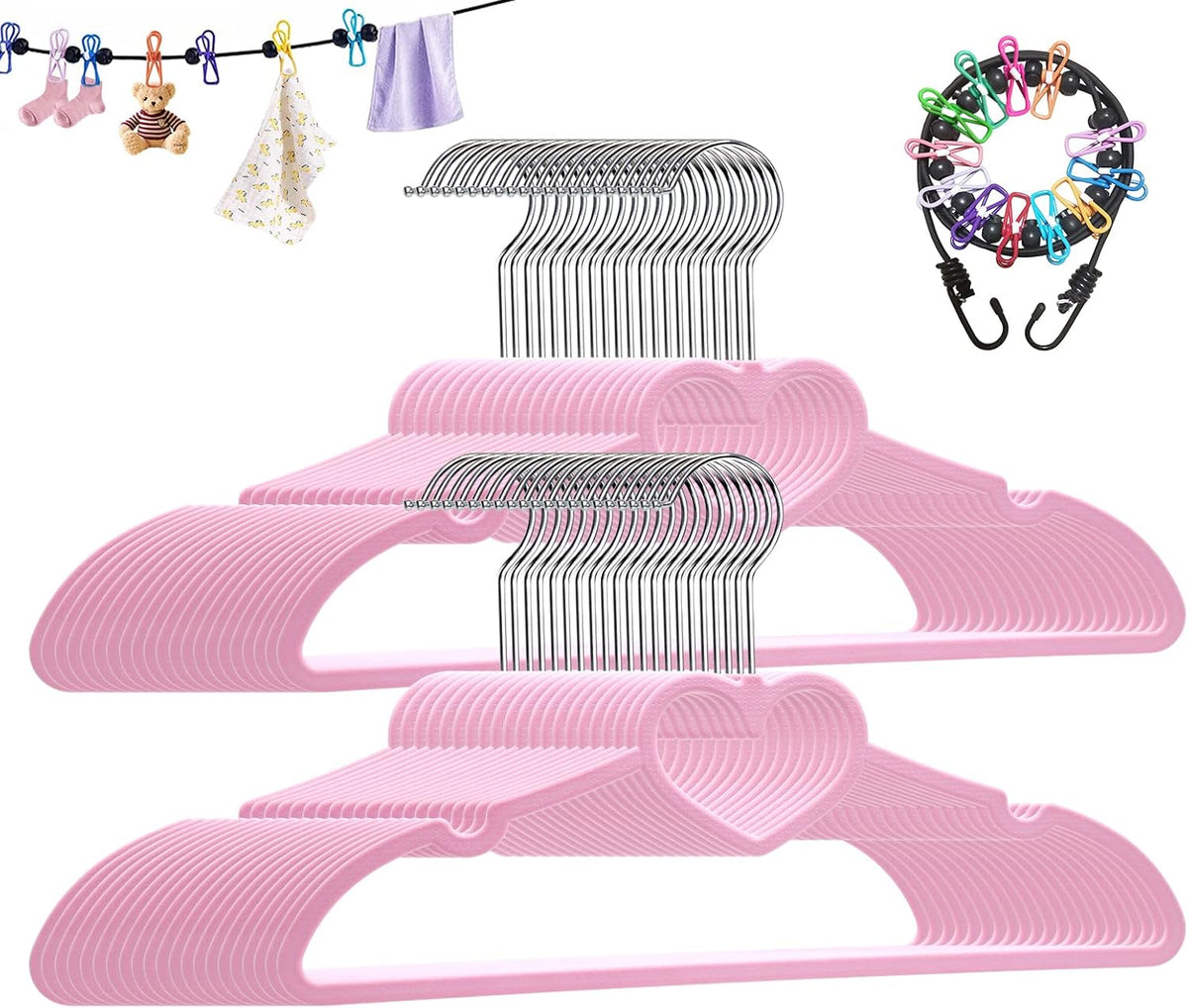Plastic Hangers 50 Pack, Cute Clothes Hanger Ultra Thin Space Saving - Pink Clothes Hangers with 360 Degree Swivel Hook & Travel Clothesline - Sturdy Adult Coat Hangers for Dress, Shirts, Coats