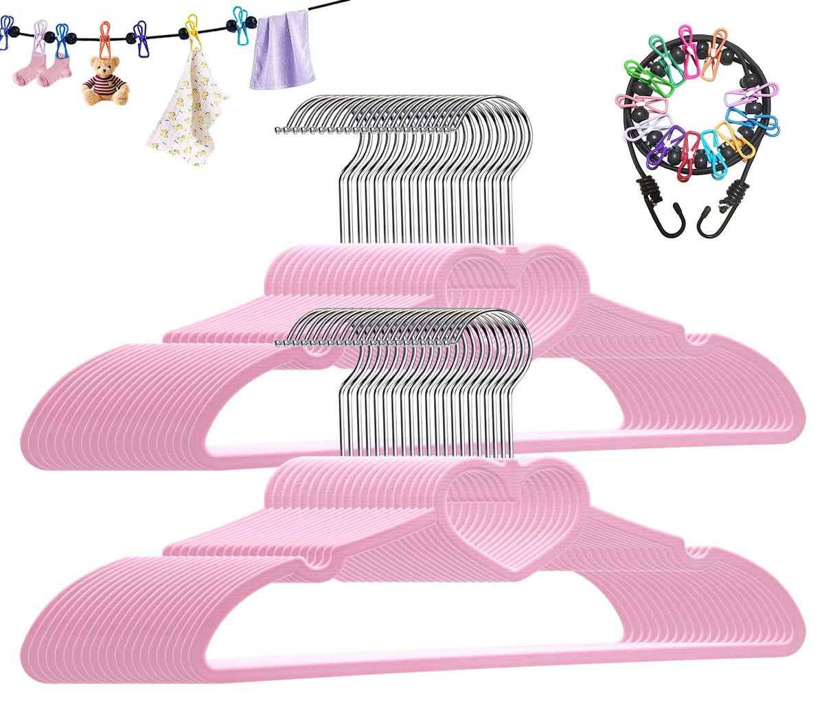 Plastic Hangers 50 Pack, Cute Clothes Hanger Ultra Thin Space Saving - Pink Clothes Hangers with 360 Degree Swivel Hook & Travel Clothesline - Sturdy Adult Coat Hangers for Dress, Shirts, Coats