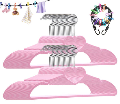 Plastic Hangers 50 Pack, Cute Clothes Hanger Ultra Thin Space Saving - Pink Clothes Hangers with 360 Degree Swivel Hook & Travel Clothesline - Sturdy Adult Coat Hangers for Dress, Shirts, Coats