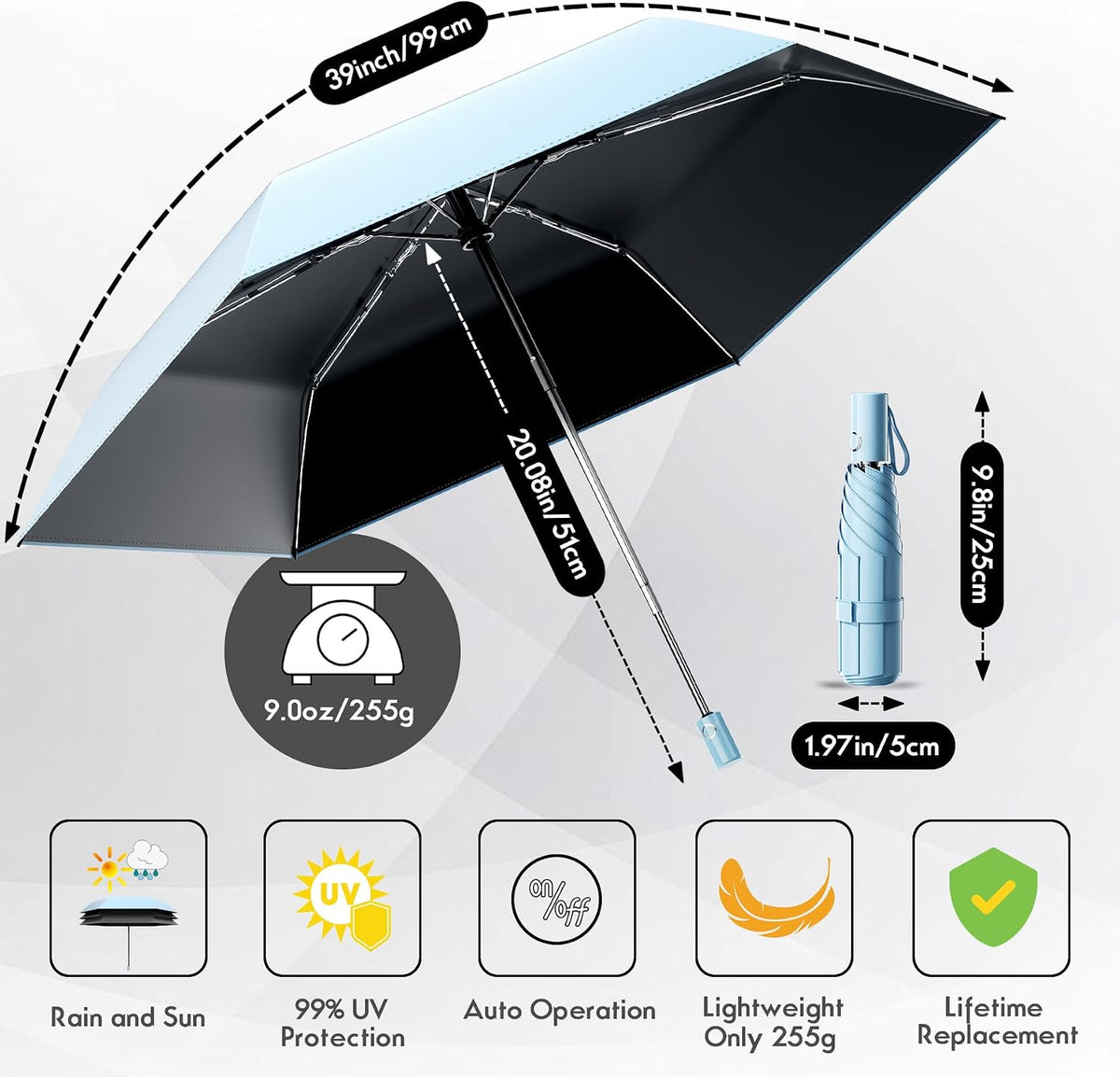 Moorrlii Automatic Folding Travel Umbrella - Compact Windproof Rainproof Sunproof UV Protection, One-Hand Open/Close, Fits Bag/Backpack/Suitcase, Unisex for All Scenarios