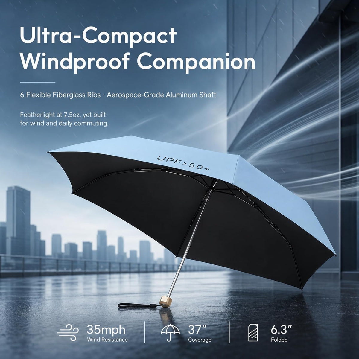 Compact Travel Umbrella, Mini Umbrella - UPF 50+ UV Protection & Waterproof, Windproof 6 Ribs Fiberglass, Pocket-Sized 6.3in Folded, Lightweight 7.05oz for Backpack Travel, Travel Essentials with Black Cooling Tech, for Women and Men, Perfect for Airplane