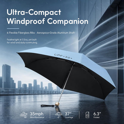 Compact Travel Umbrella, Mini Umbrella - UPF 50+ UV Protection & Waterproof, Windproof 6 Ribs Fiberglass, Pocket-Sized 6.3in Folded, Lightweight 7.05oz for Backpack Travel, Travel Essentials with Black Cooling Tech, for Women and Men, Perfect for Airplane