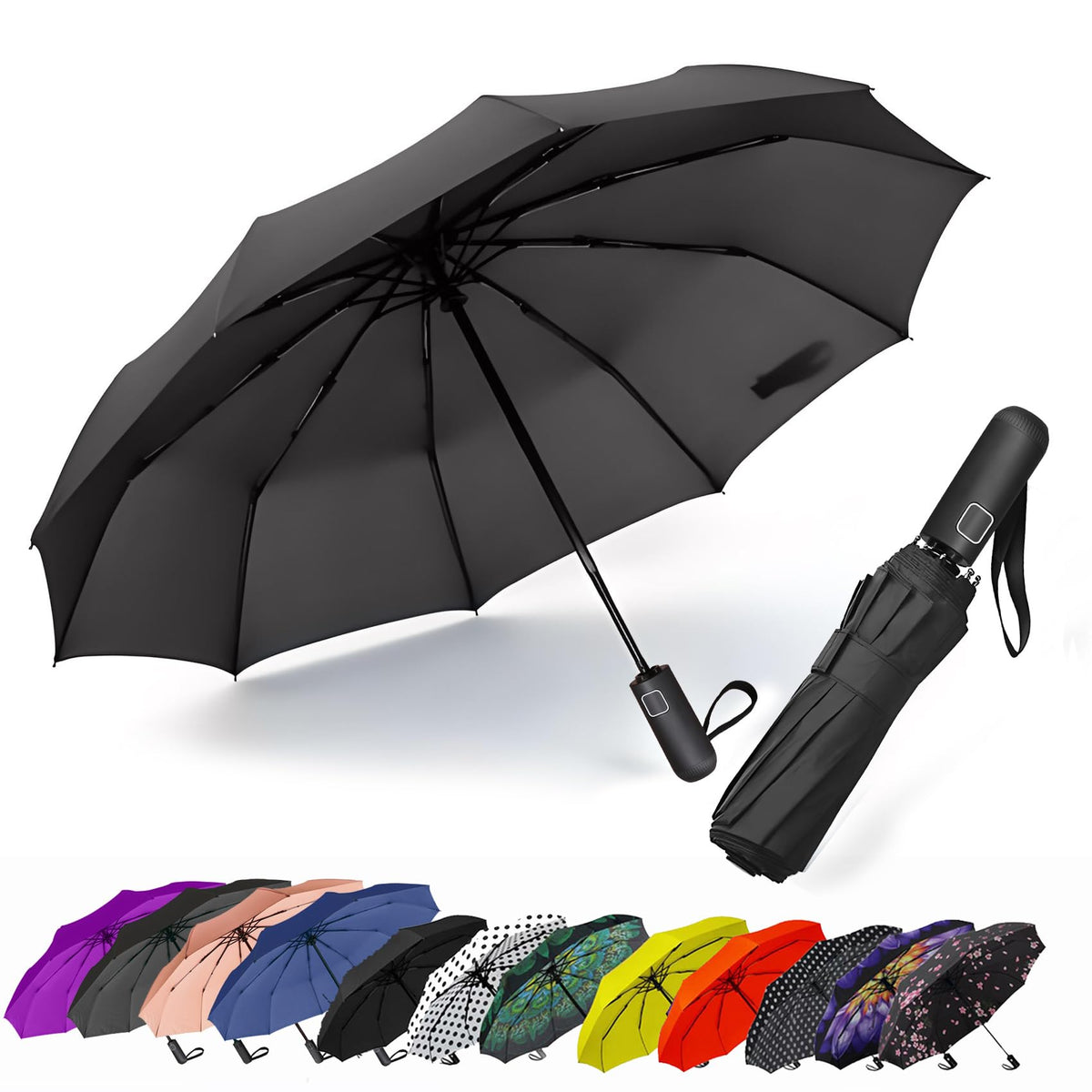 SIEPASA Compact Travel Umbrella - Windproof Auto Open/Close, Small Folding Umbrella for Rain - Lightweight & Durable with Fiberglass Frame, Waterproof Canopy - Fits Backpack, Purse, Suitcase. (Black)