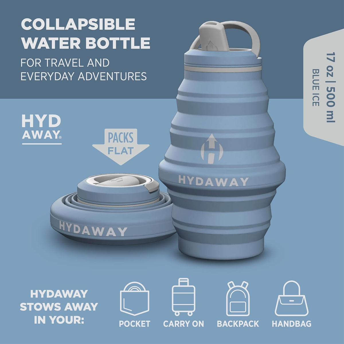 HYDAWAY 17oz Collapsible Water Bottle, Packable Leakproof for Travel