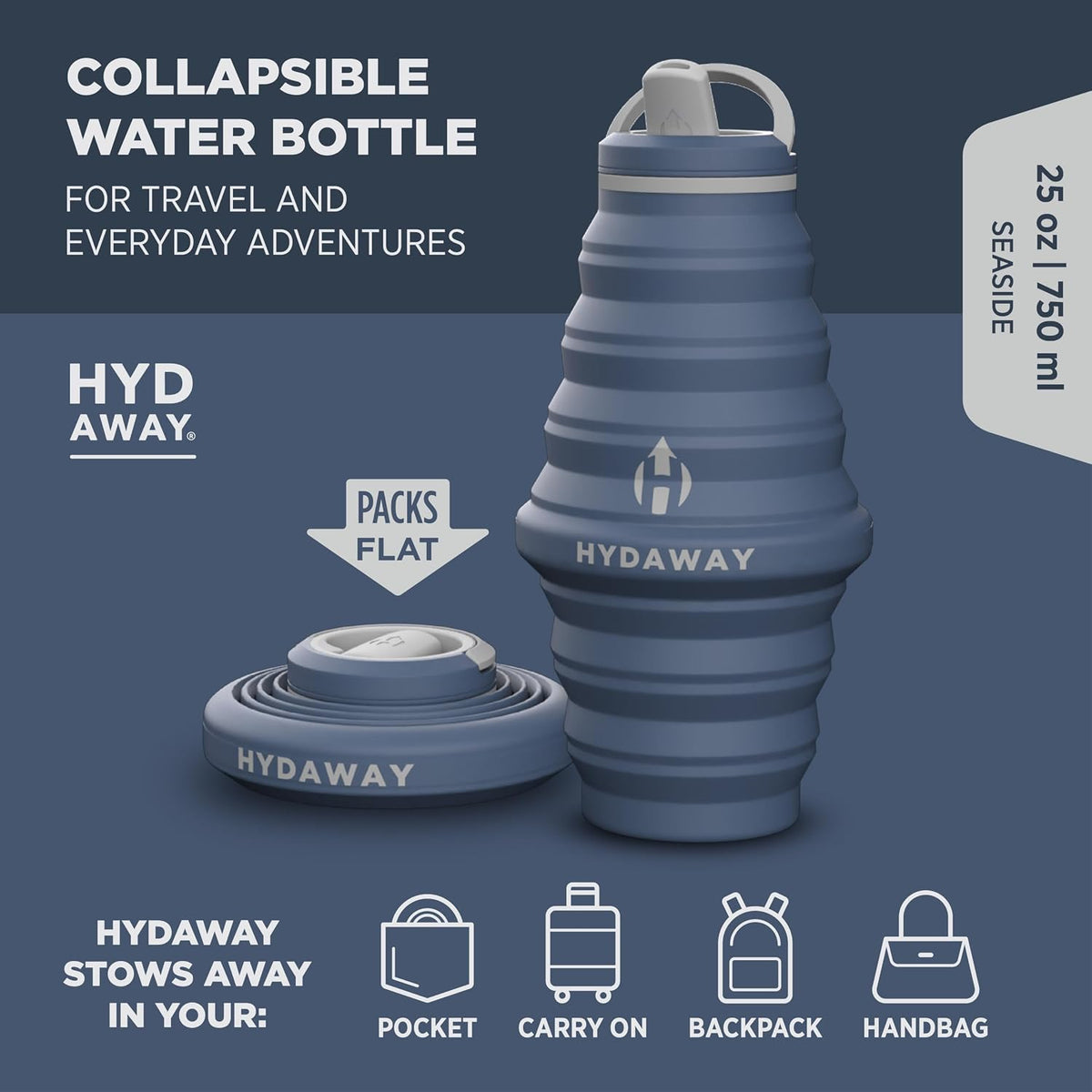 HYDAWAY 25oz Collapsible Water Bottle, Packable Leakproof for Travel
