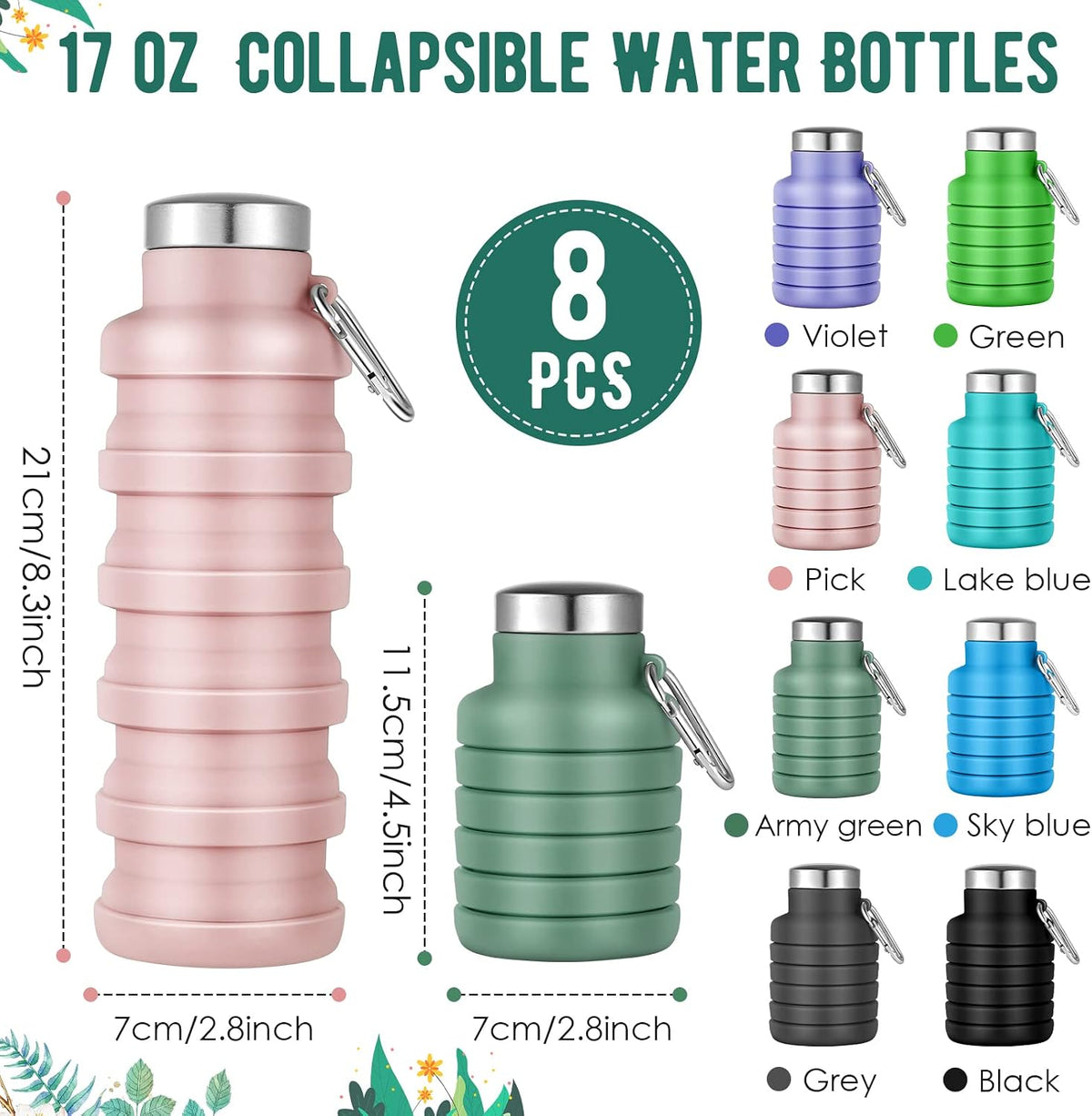 Lallisa 8 Pcs Collapsible Water Bottles Bulk, Reusable, Fresh Colors