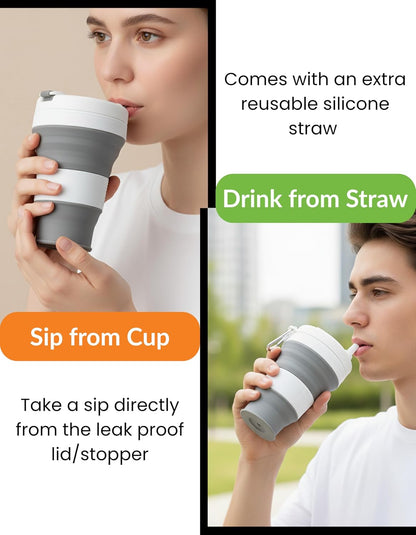 Collapsible Silicone Water Bottle 20oz, Leakproof BPA-Free Foldable Travel Cup with Carabiner Clip and Reusable Straw, Portable Reusable Bottle for Hiking, Camping, Gym, Outdoor