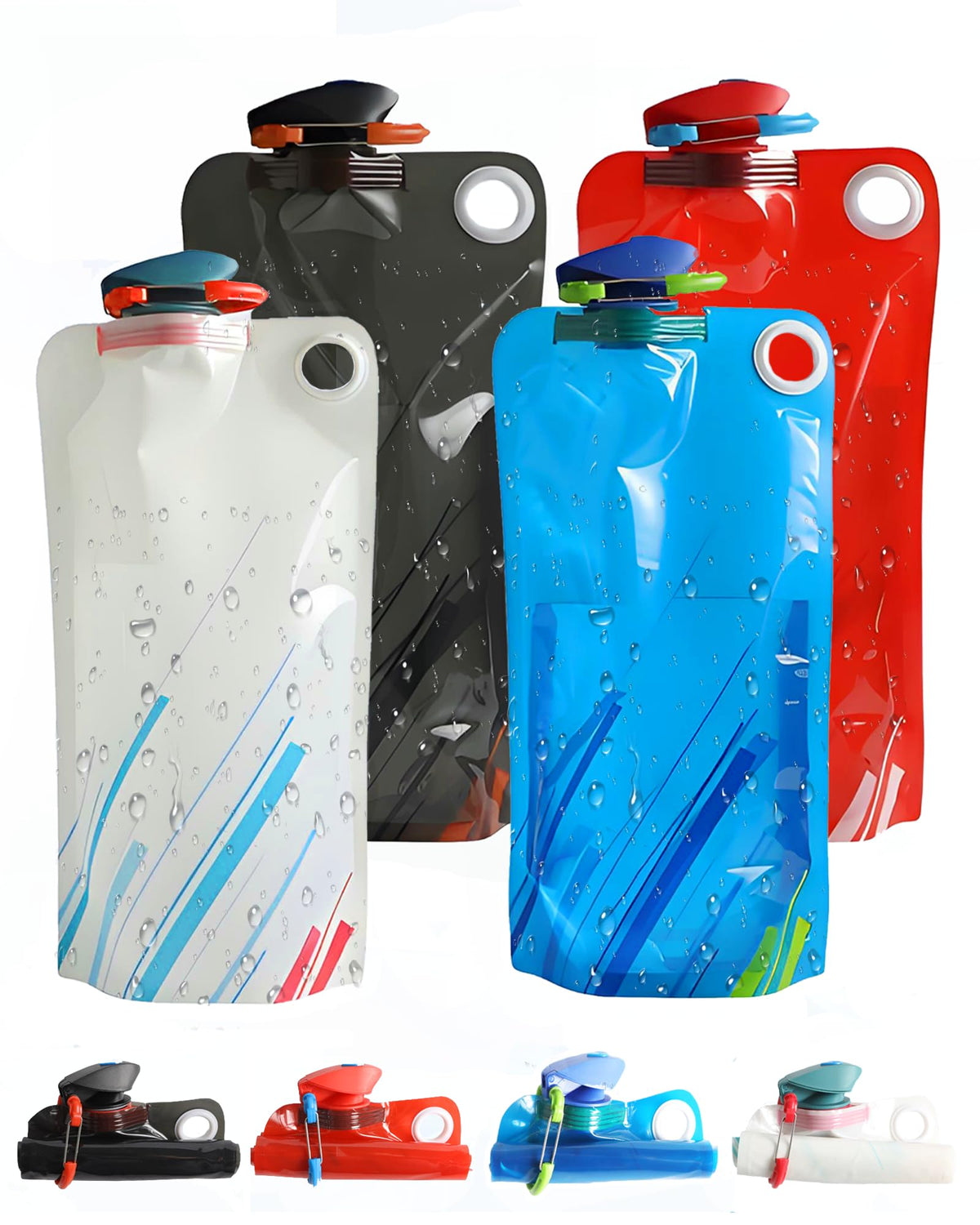 4 Pack Collapsible Water Bottle with Carabiner, 23oz Foldable Reusable BPA-Free Water Bottles with Leakproof Lid for Traveling Hiking Camping Biking