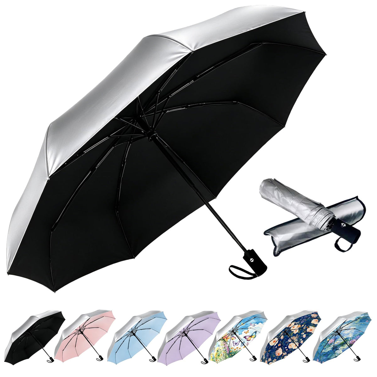 SIEPASA Compact Travel Umbrella - Windproof Auto Open/Close, Small Folding Umbrella for Rain - Lightweight & Durable with Fiberglass Frame, Waterproof Canopy - Fits Backpack, Purse, Suitcase. (Black)