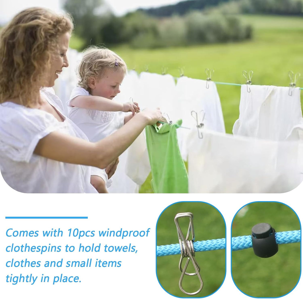 40FT Retractable Clothesline Outdoor 1/4" Polyester Coated Steel Core Rope