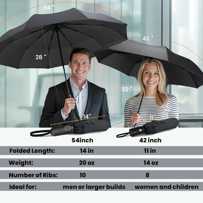 SIEPASA Compact Travel Umbrella - Windproof Auto Open/Close, Small Folding Umbrella for Rain - Lightweight & Durable with Fiberglass Frame, Waterproof Canopy - Fits Backpack, Purse, Suitcase. (Black)