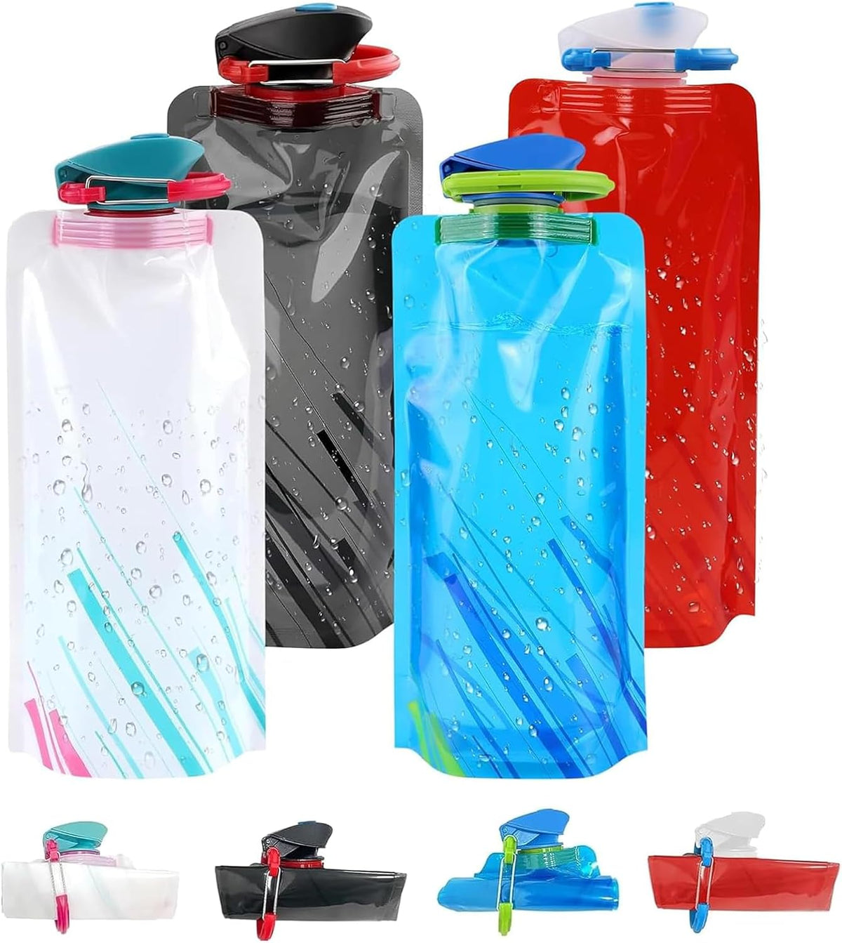 Jinora 4 Pack Collapsible Water Bottles for Travel – 20oz Foldable Water Bottle with Carabiner,Leakproof BPA-Free Water Jup, Portable Reusable Water Bottle for Hiking,Sports,Camping,Biking