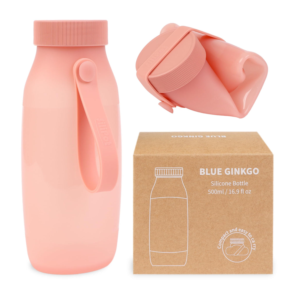 BLUE GINKGO Collapsible Water Bottle – Lightweight, Foldable Silicone Bottle for Travel, Hiking, and Camping (16.9oz, Made in Korea, Sand Beige)