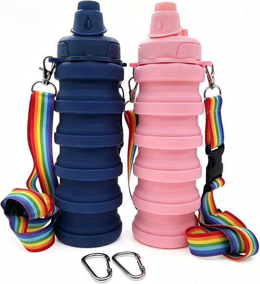 Silicone Collapsible Travel Water Bottles 17.6oz Dark Blue And Pink