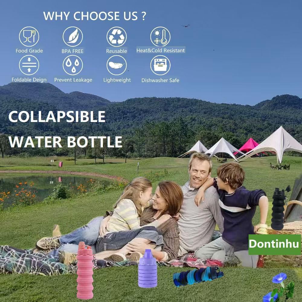 Collapsible Water Bottles 4 Pack 500ml (Grey+Purple+Blue+Pink)