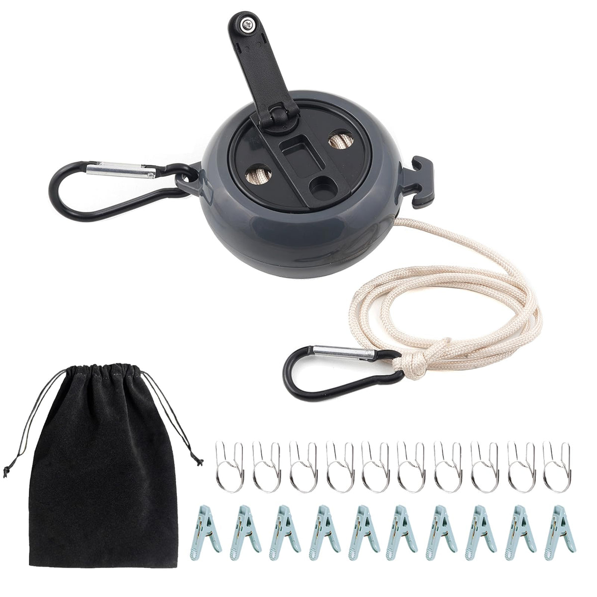 32 FT Portable Travel Clothesline, Retractable Camping Clothesline for RV, Cruise Ships, Hotels, Beach, Indoor & Outdoor Clothes Drying, Comes with 10 Windproof Clips, 10 Clothespins & 1 Storage Bag