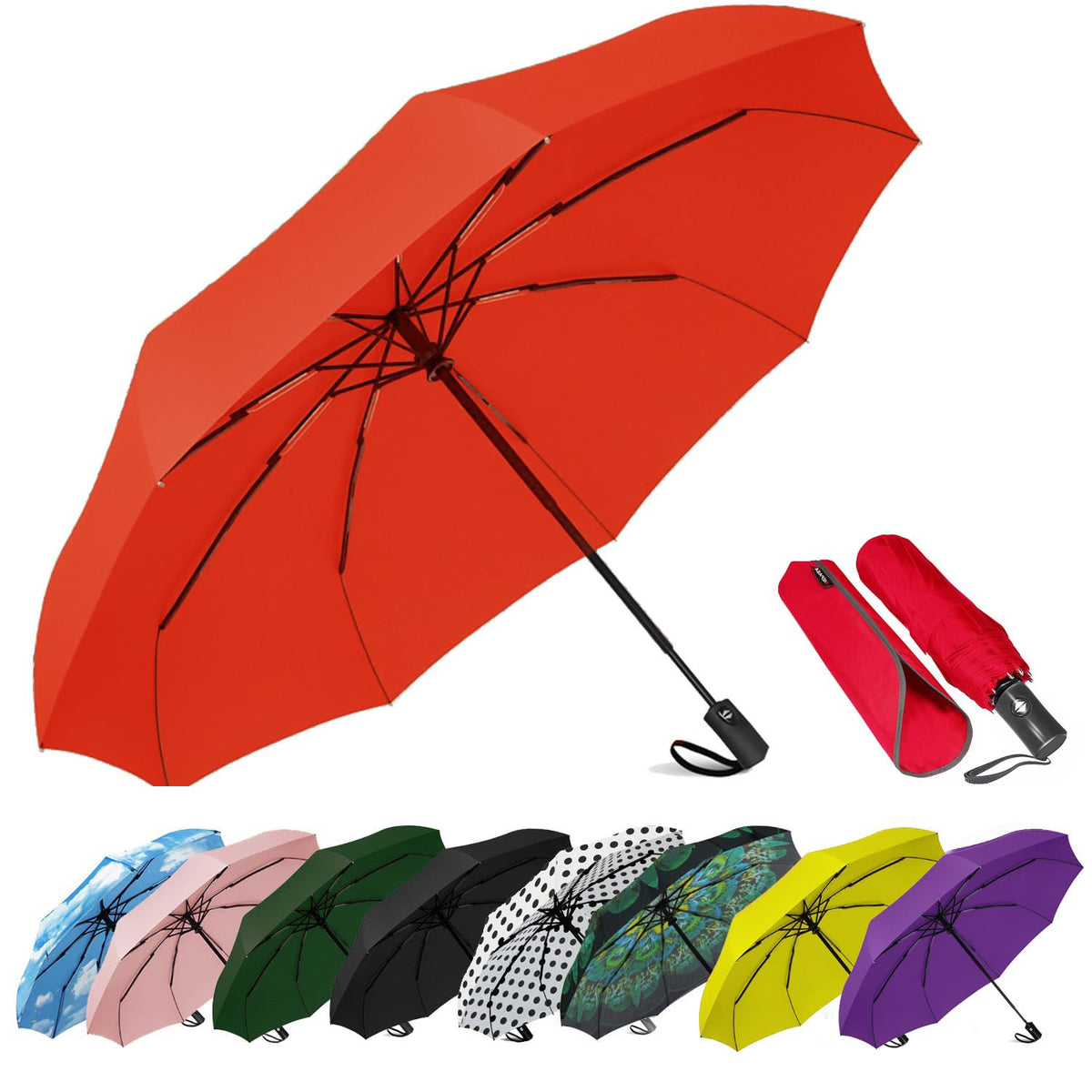 SIEPASA Compact Travel Umbrella - Windproof Auto Open/Close, Small Folding Umbrella for Rain - Lightweight & Durable with Fiberglass Frame, Waterproof Canopy - Fits Backpack, Purse, Suitcase. (Black)