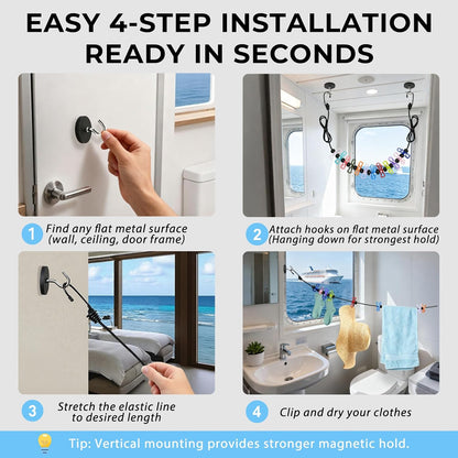 Magnetic Travel Clothesline - Cruise Ship Essentials & Must Haves 2026 - Stretches to 12ft Retractable Laundry Drying Line with Non-Scratch Magnetic Hooks, Positioning Beads & 12 Anti-Slip Clips