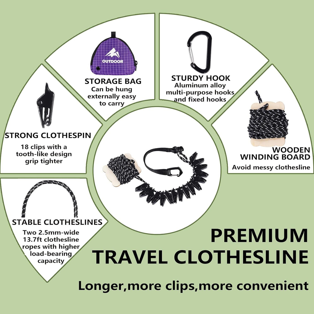 Travel Clothesline Portable Clothesline 18(16+2) Clips 13.7Ft