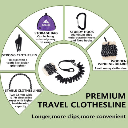 Travel Clothesline Portable Clothesline 18(16+2) Clips 13.7Ft