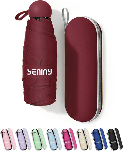 Seniny Mini Travel Umbrella with Case, Compact Pocket Size UV Sun & Rain