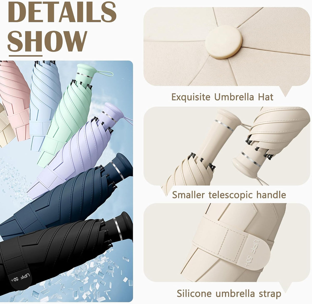 Mini Folding Travel Umbrella with Built-in Hidden Telescoping Handle,Teflon Coating, UPF 50+,UV Protection,Compact Lightweight Portable,6 Ribs Design,Small,Sun/Rain,Women/ Kids/Girls,Backpack Car