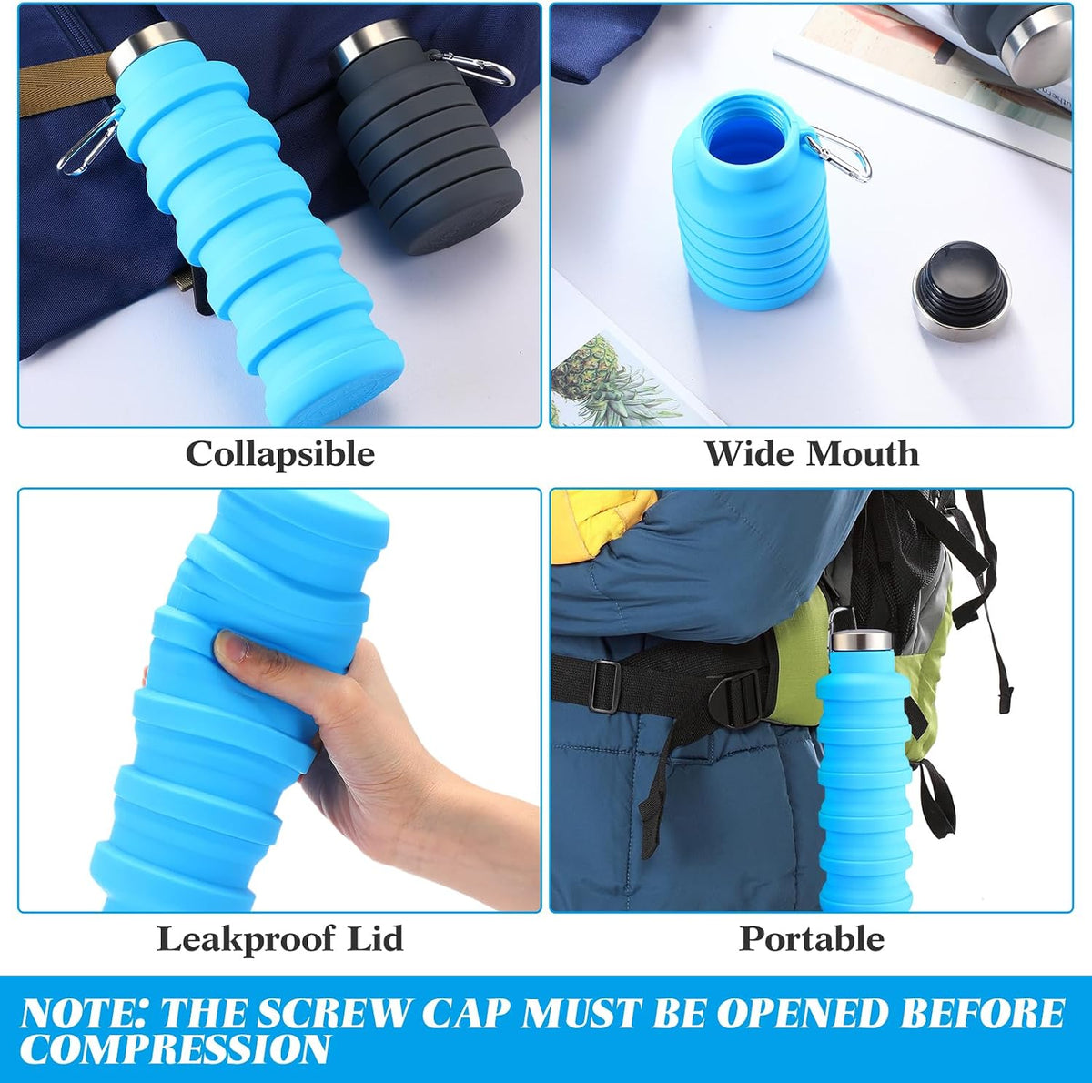 Lallisa 4 Pcs Collapsible Water Bottles 17 oz Reusable Silicone Foldable Travel Water Bottle Portable Leak Proof Sports Water Bottles for Gym Camping Hiking (Blue, Purple, Gray, Green)