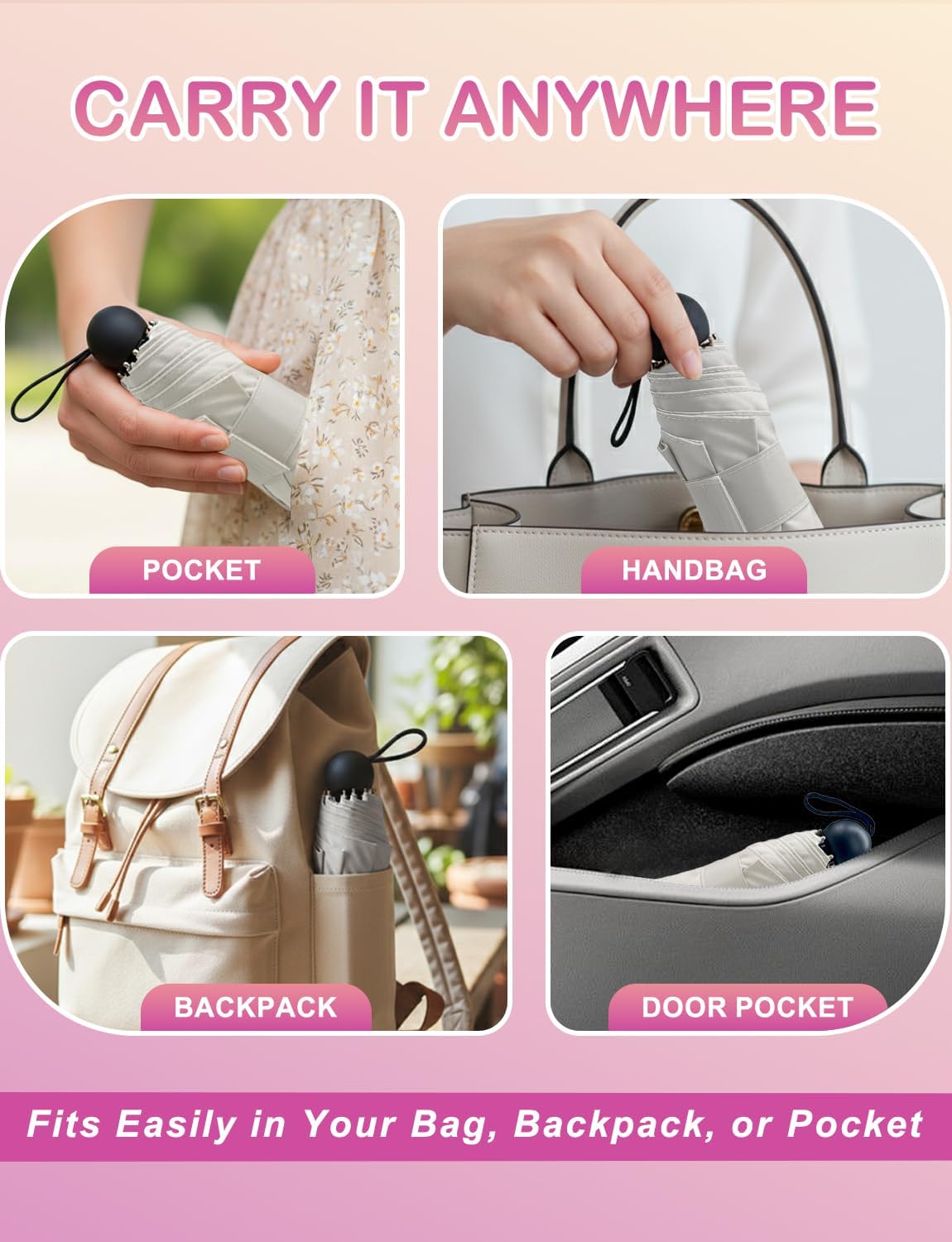 Mini Travel Umbrella Compact Small Size, UV Protection for Sun & Rain, Lightweight Folding, Wind Resistant, Small Backpack Purse Size for Women Kids