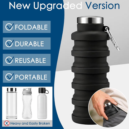 4 Pack Collapsible Water Bottles, 16oz Portable Reusable Silicone Water Bottle, Foldable Water Bottles for Travel Gym Camping Hiking, Leak Proof Sports Water Bottle with Carabiner (Deep Color)