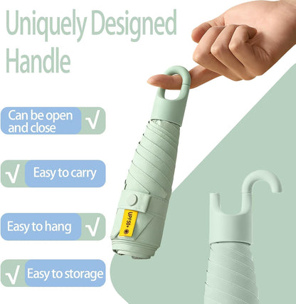 Mini Travel Folding Umbrella With Rotating Open&Close Ring Carabiner Handle for Women Kids - Small Portable Pocket Parasol,Lightweight Compact,6 Ribs,UV Protection,UPF 50,Rain Sun,Backpack