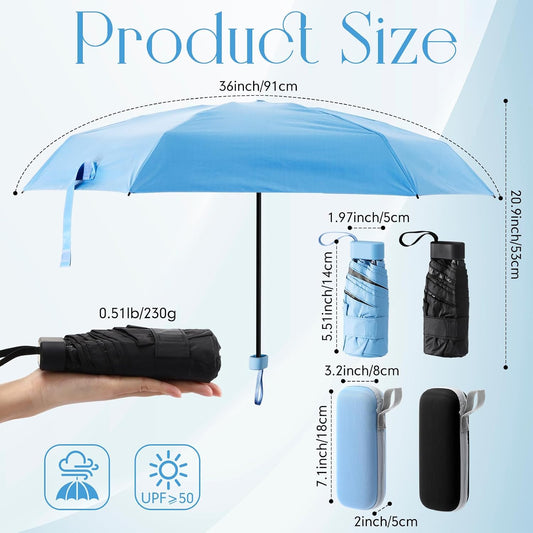 2 Pack Mini Folding Umbrella with Case, UPF 50+ for Purse