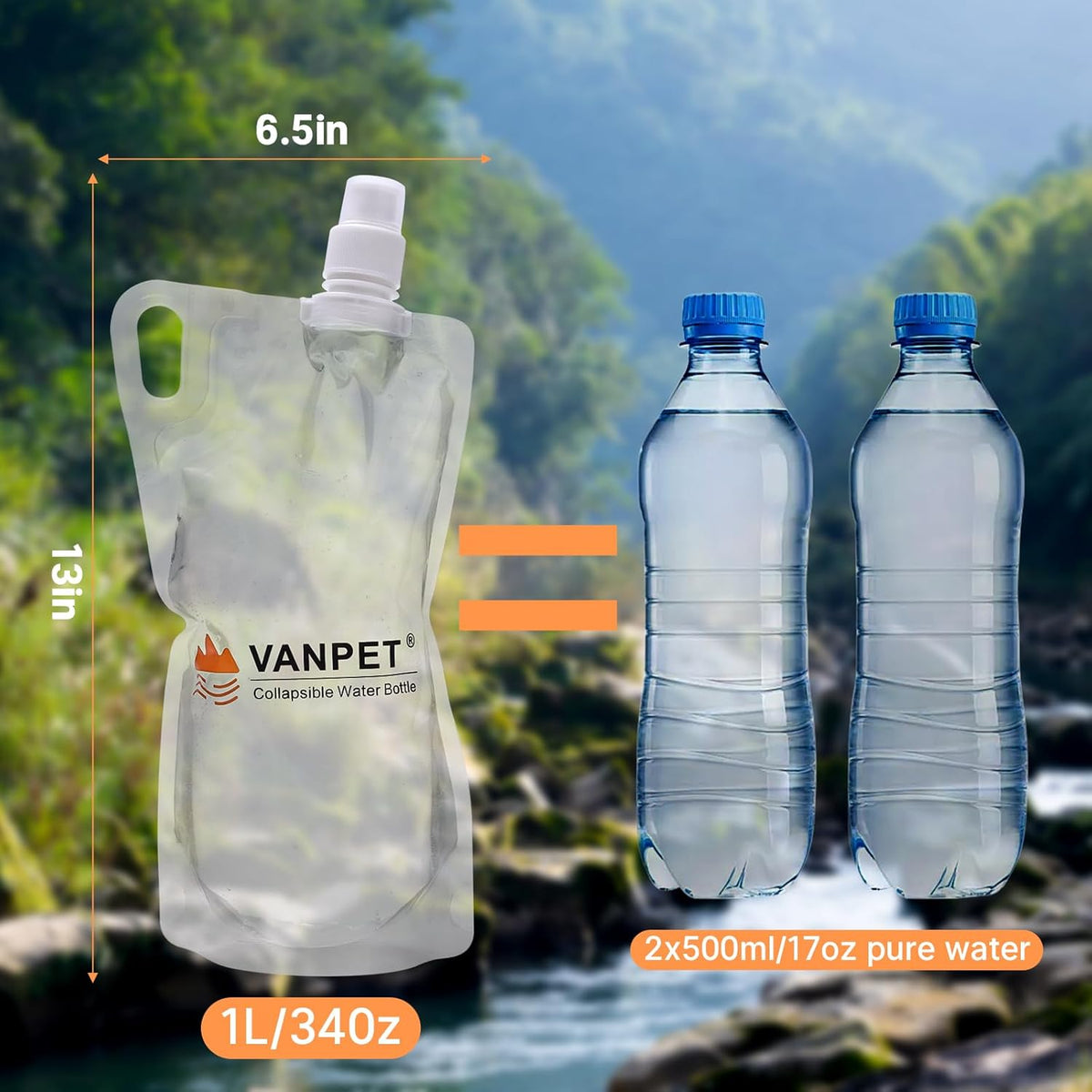VANPET 1L Hiking Collapsible Water Bottles, 33OZ BPA-Free Plastic Flasks, Reusable Drink Bags, Foldable Backpacking Water Bottle for Travel Camping Hiking (4-Pack)