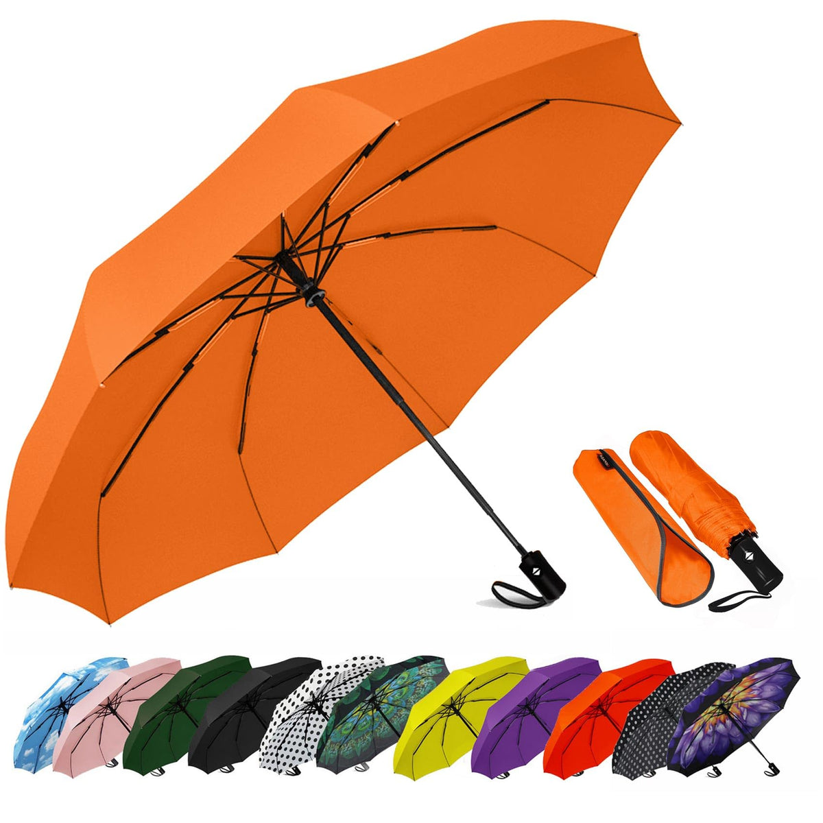 SIEPASA Compact Travel Umbrella - Windproof Auto Open/Close, Small Folding Umbrella for Rain - Lightweight & Durable with Fiberglass Frame, Waterproof Canopy - Fits Backpack, Purse, Suitcase. (Black)