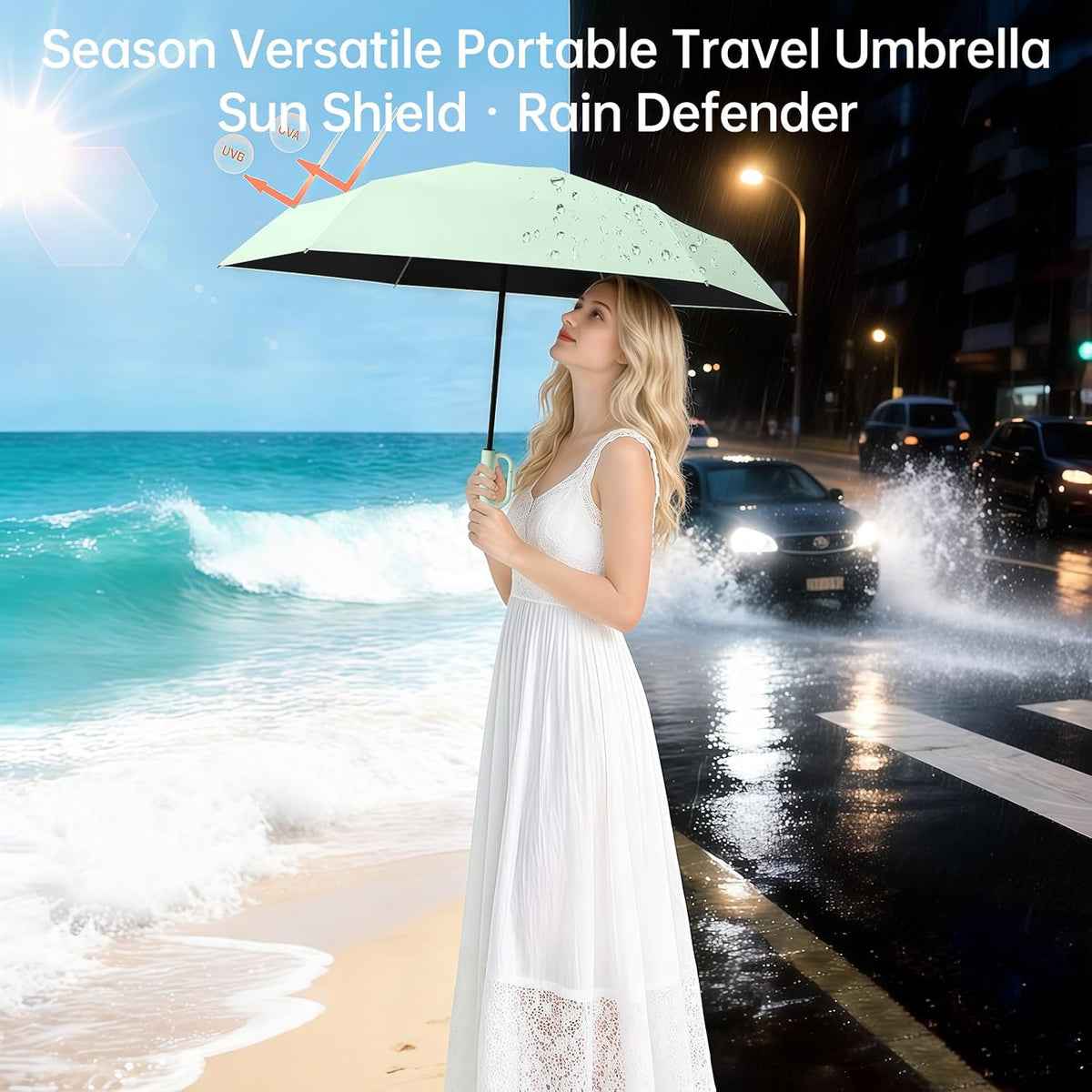 Compact Travel Umbrella with Carabiner Ring Handle, Windproof 5-Fold Portable Umbrella, UPF 50+ UV Protective Sun Parasol, Water Repellent Lightweight Small Rain Shield for Backpack, Purse, Stroller