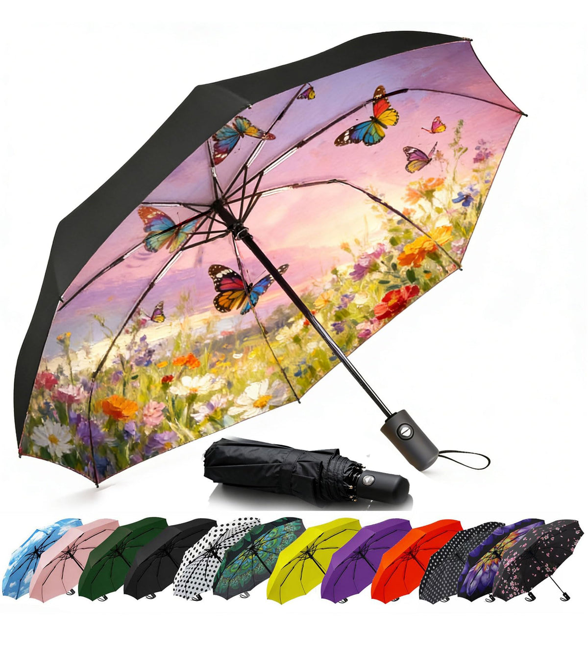SIEPASA Compact Travel Umbrella - Windproof Auto Open/Close, Small Folding Umbrella for Rain - Lightweight & Durable with Fiberglass Frame, Waterproof Canopy - Fits Backpack, Purse, Suitcase. (Black)